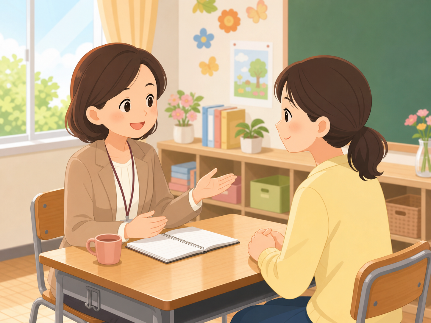 個人面談で笑顔で話す先生と保護者のイラスト