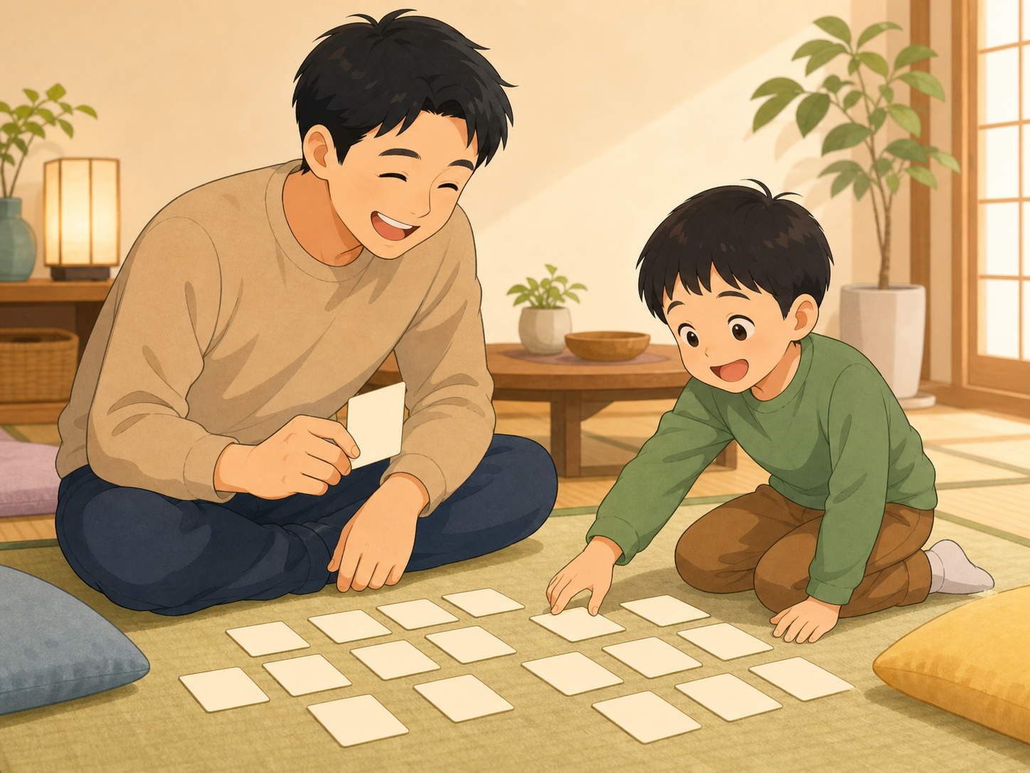 親子で床に座ってカルタのようなカード遊びを楽しんでいるイラスト
