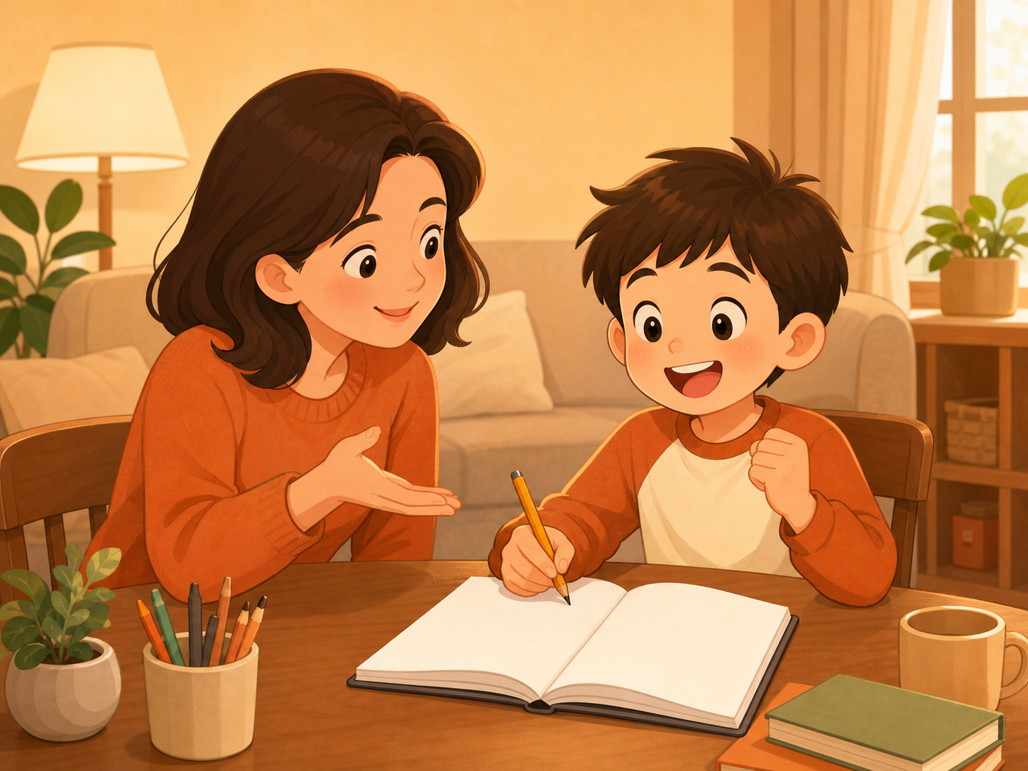 親のひとことで子どもが笑顔になって鉛筆を持つイラスト
