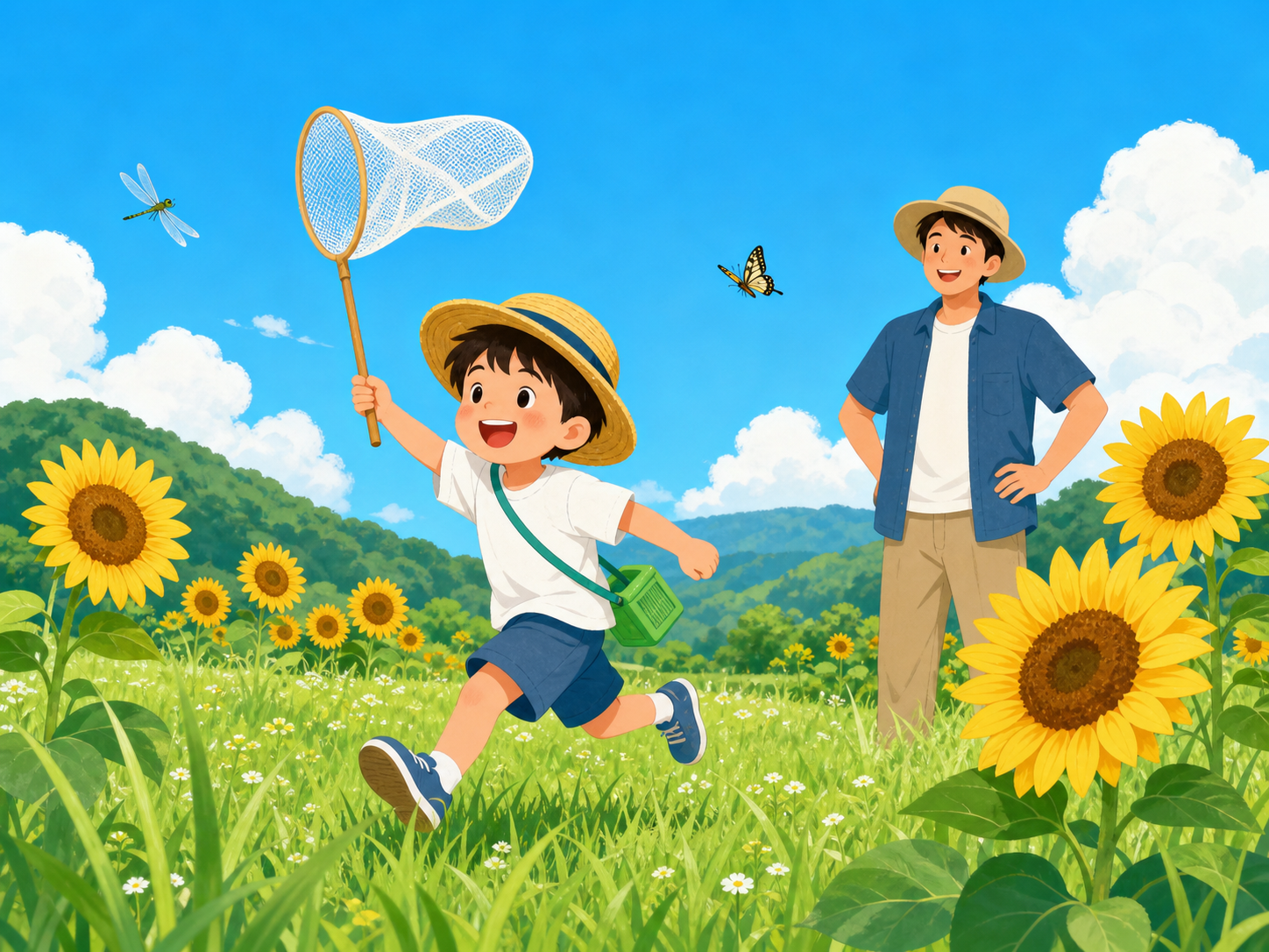 夏の野原で虫取り網を持って走る子どもと、それを見守る親のイラスト