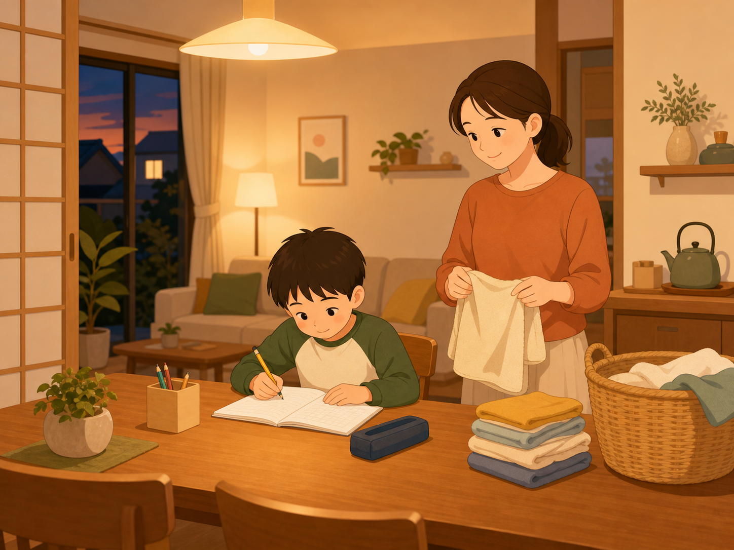 リビングで宿題をする子どもを、家事をしながらそばで見守る親のイラスト