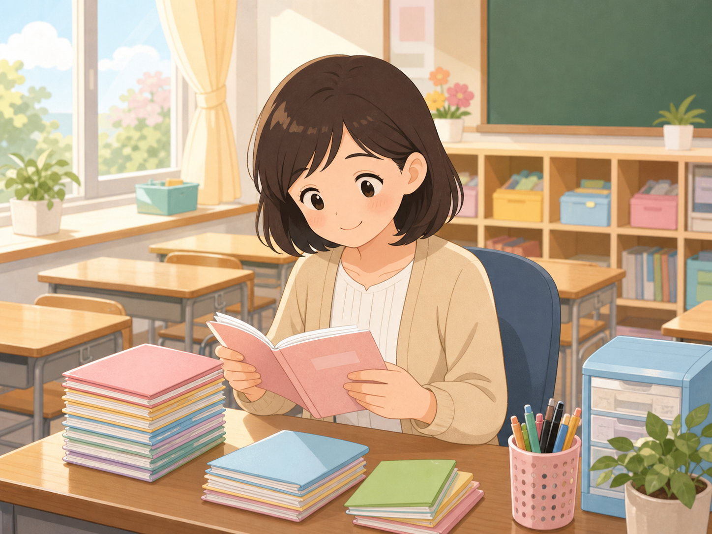 朝の教室で連絡帳に目を通す先生のイラスト