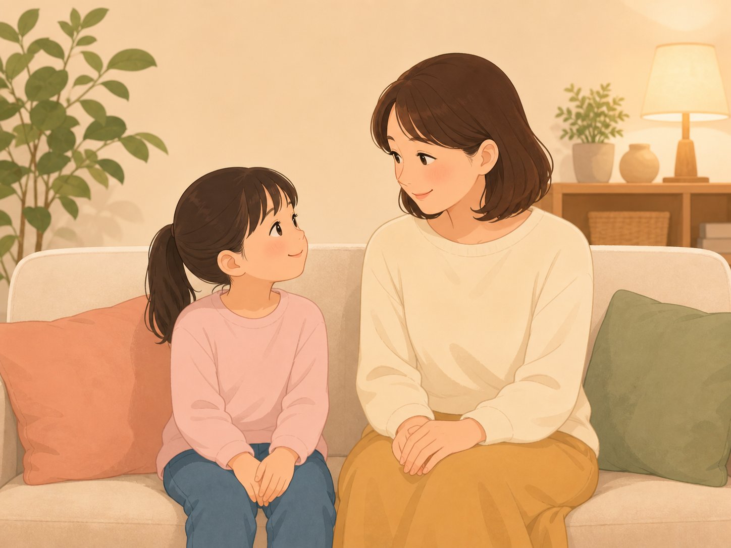 親子がソファに並んで座り、穏やかに話しているイラスト