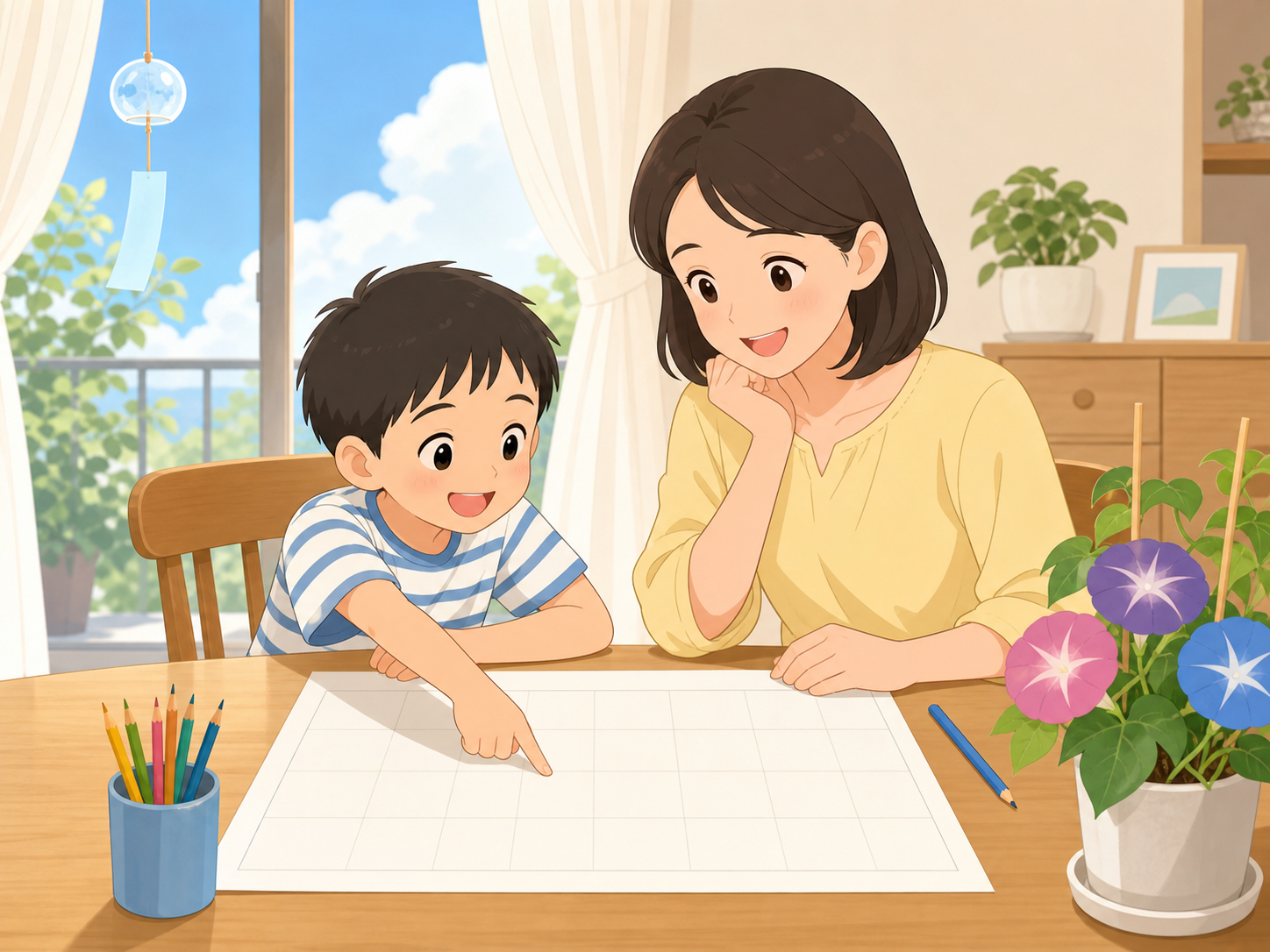 親子でカレンダーを見ながら夏休みの宿題の計画を立てているイラスト