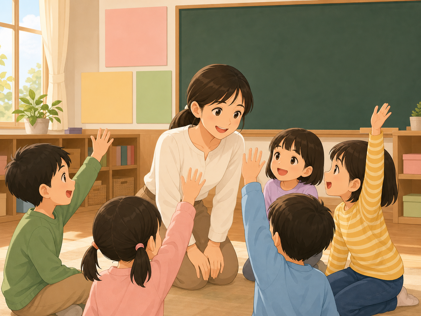 教室で子どもたちに囲まれて働く親しみやすい先生のイラスト