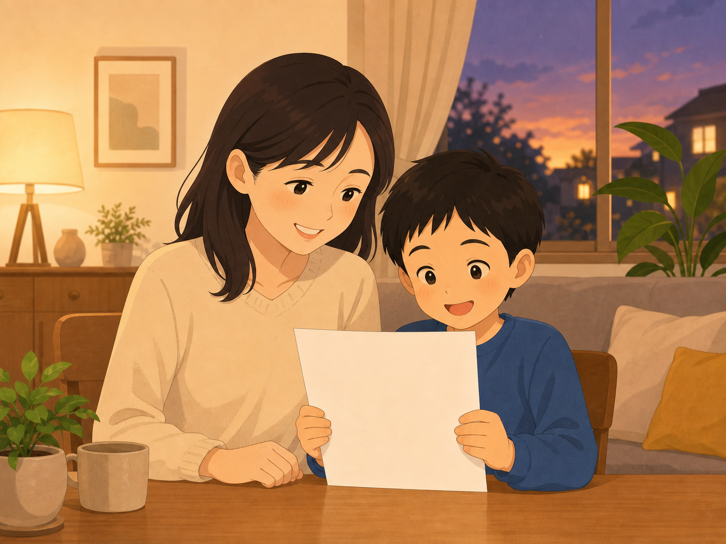家で子どもと一緒に通知表を見ながらほほえむ親のイラスト