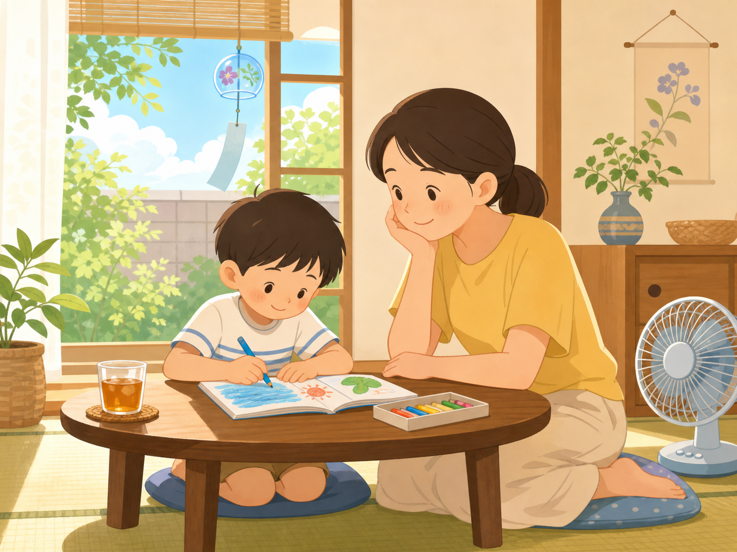 夏の昼下がり、リビングで親子がゆったり過ごしているイラスト