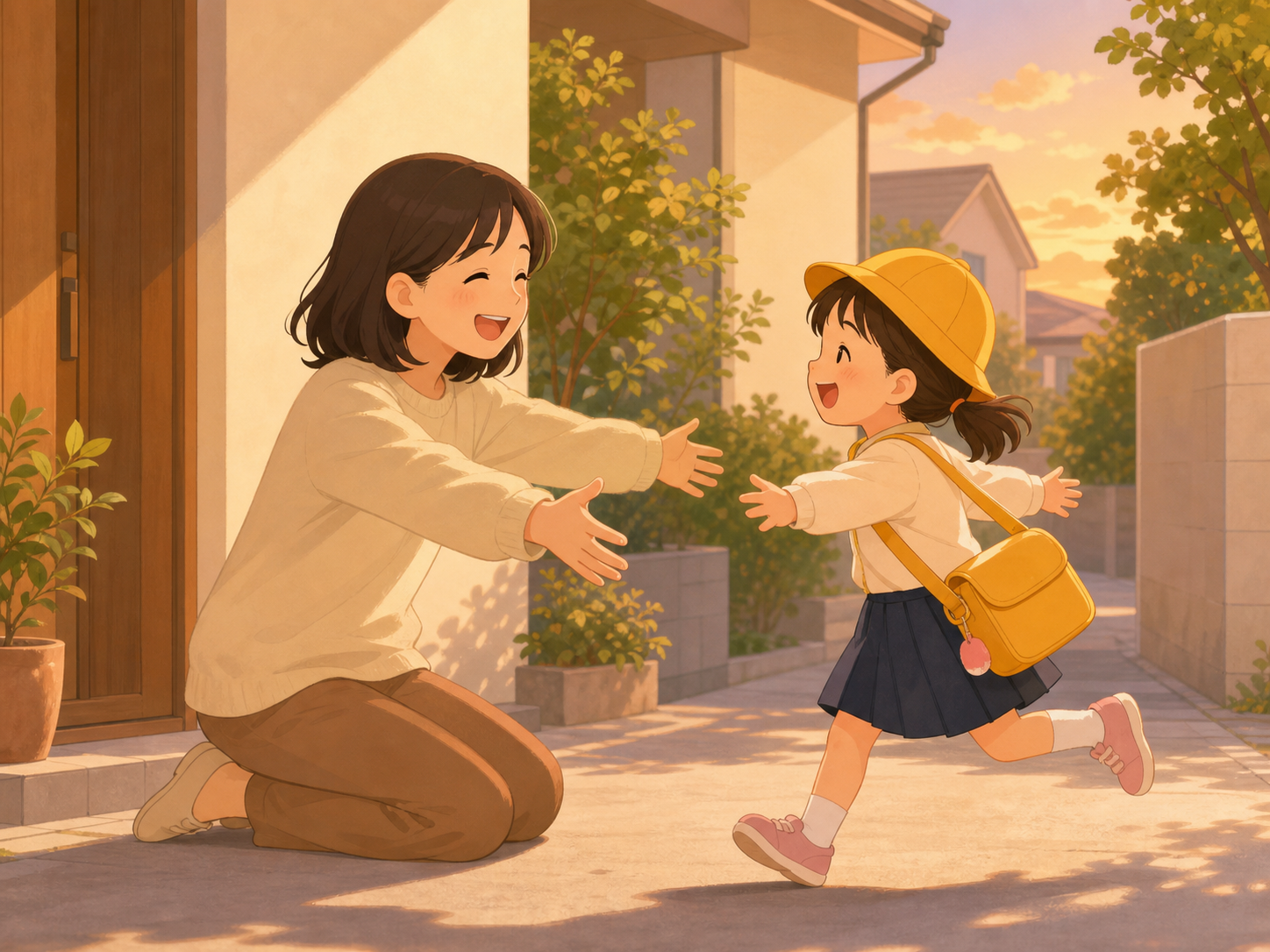 学童から帰ってきた小1の子どもを笑顔で迎える親のイラスト