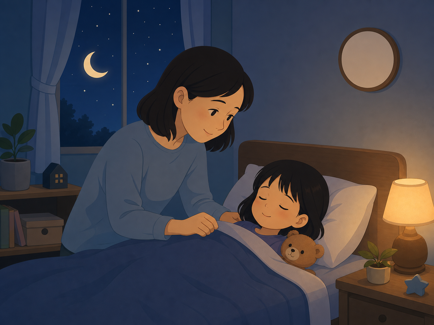 夜、親が子どもをやさしくベッドに寝かしつけているイラスト