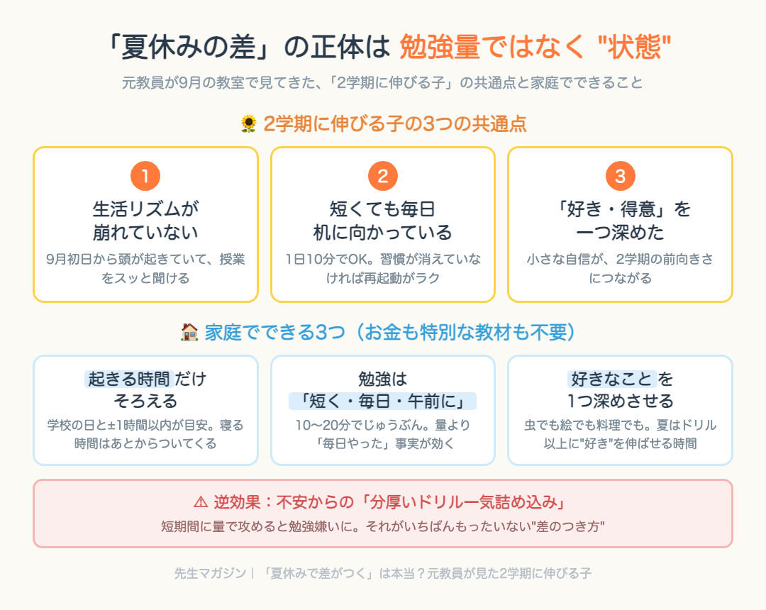 夏休みの差の正体は勉強量ではなく状態:2学期に伸びる子の3つの共通点(生活リズム・毎日机に向かう・好きを深める)と家庭でできる3つの図解
