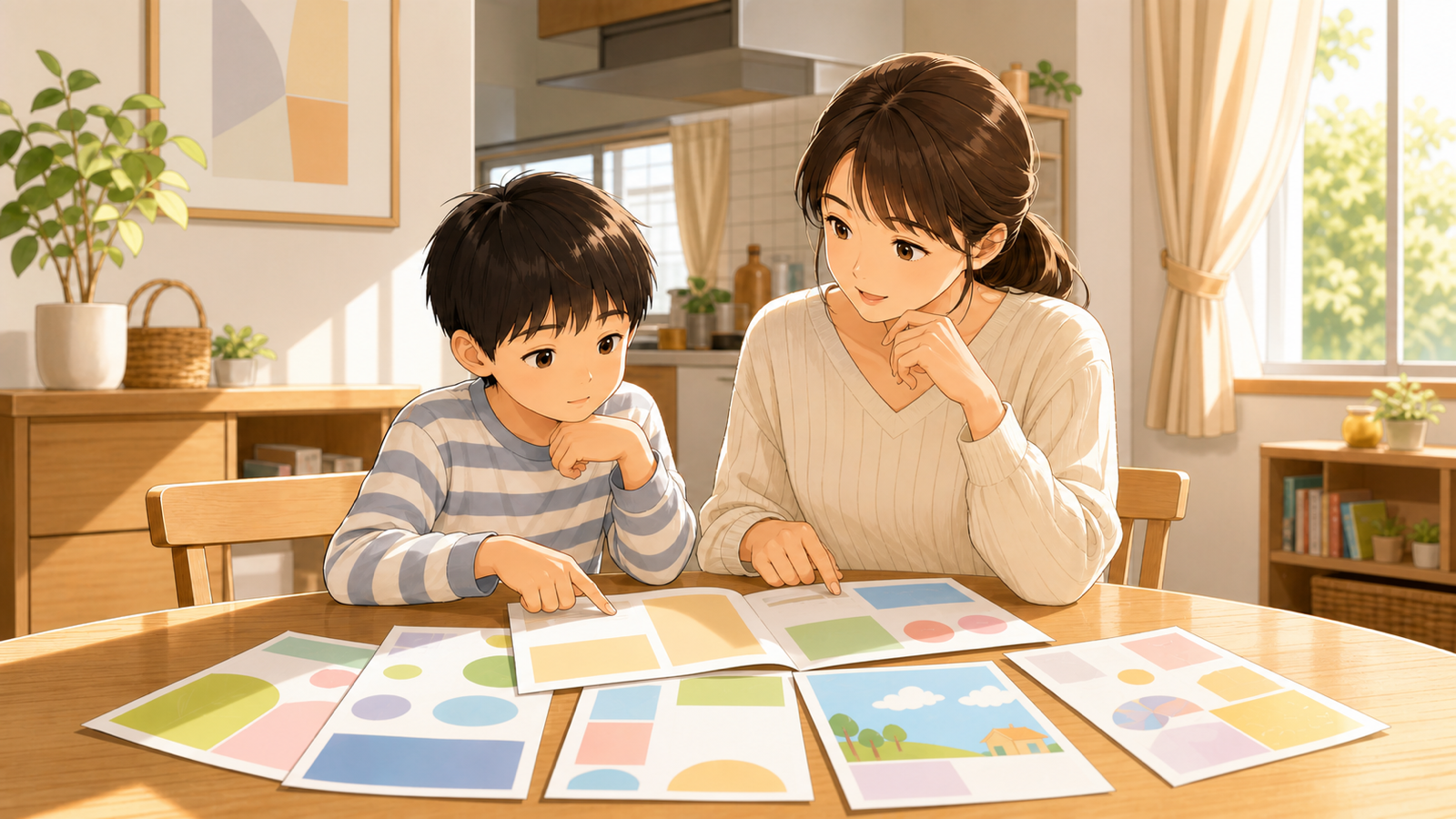 複数の教材パンフレットを並べて親子で見比べているイラスト