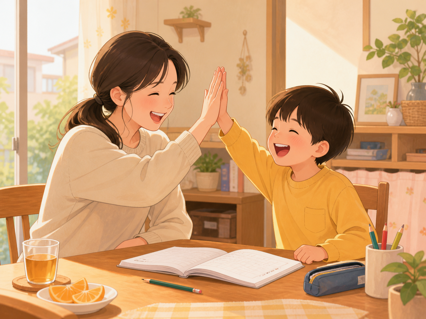 親子でハイタッチをして笑い合っているイラスト