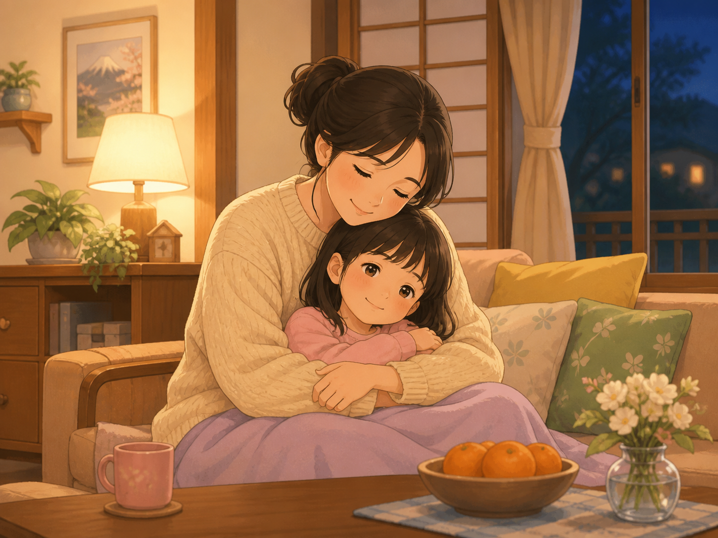 夜、リビングで保護者が子どもをやさしく抱きしめている、仲直りの場面のイラスト