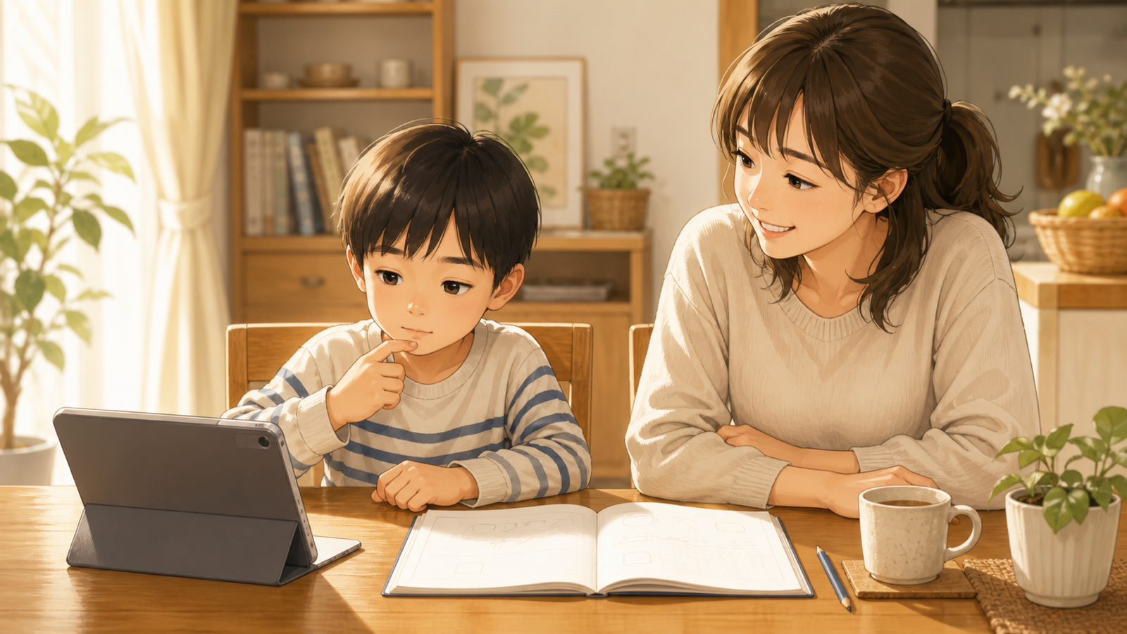 タブレットと紙のノートを両方前に置いて、どちらに取り組むか考えている子どものイラスト