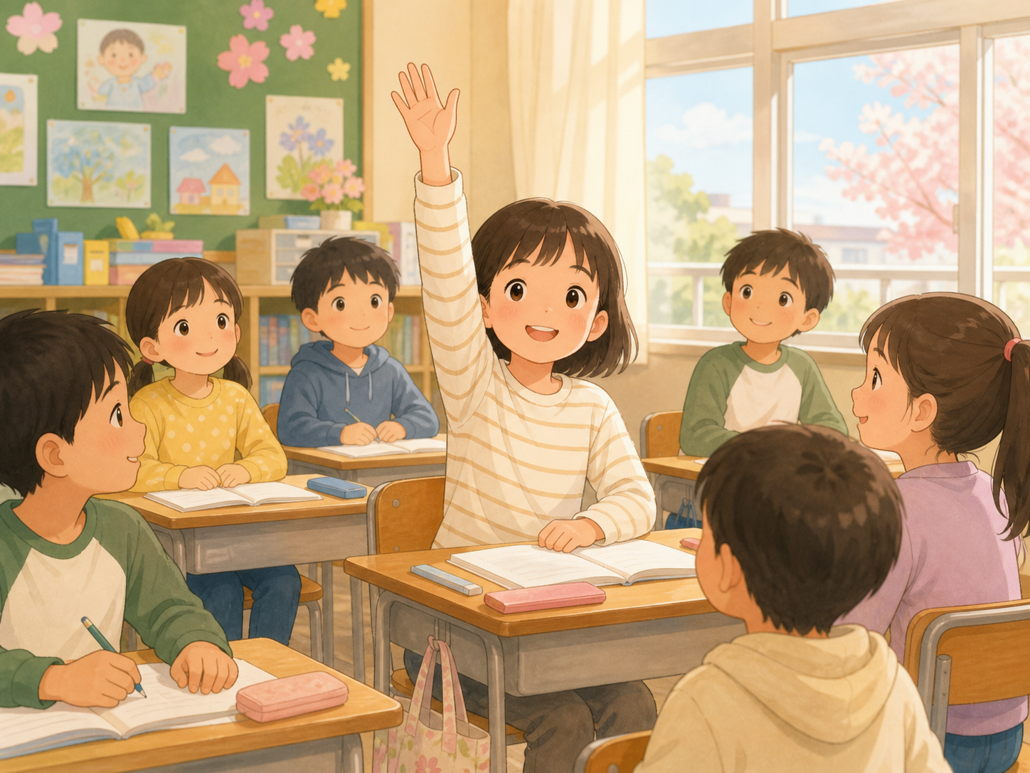 教室で笑顔で手を挙げる女の子と、まわりの子どもたちのイラスト