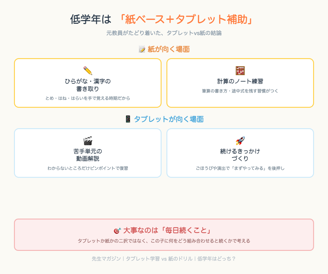 紙が向く場面(ひらがな漢字の書き取り・計算のノート練習)とタブレットが向く場面(苦手単元の動画解説・続けるきっかけづくり)をまとめた図解