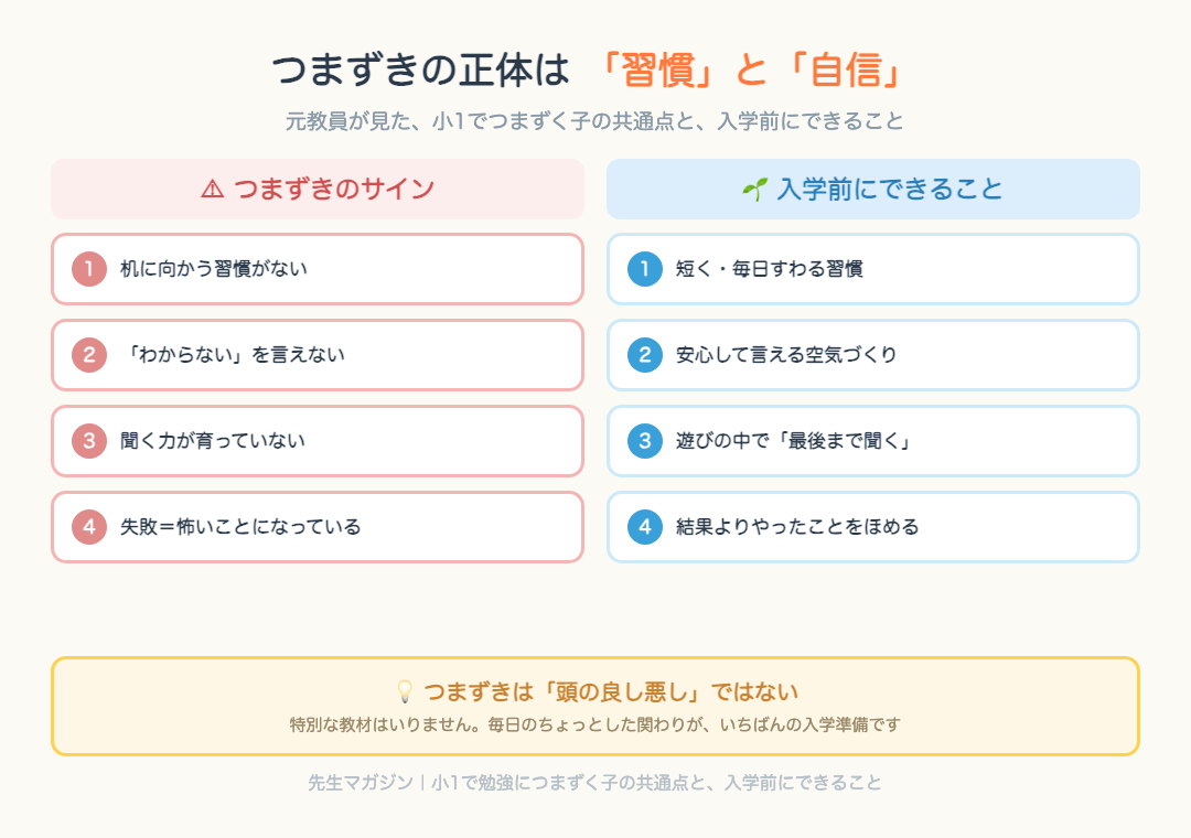 小1でつまずく子の共通点4つと、入学前にできること4つを対比した図解