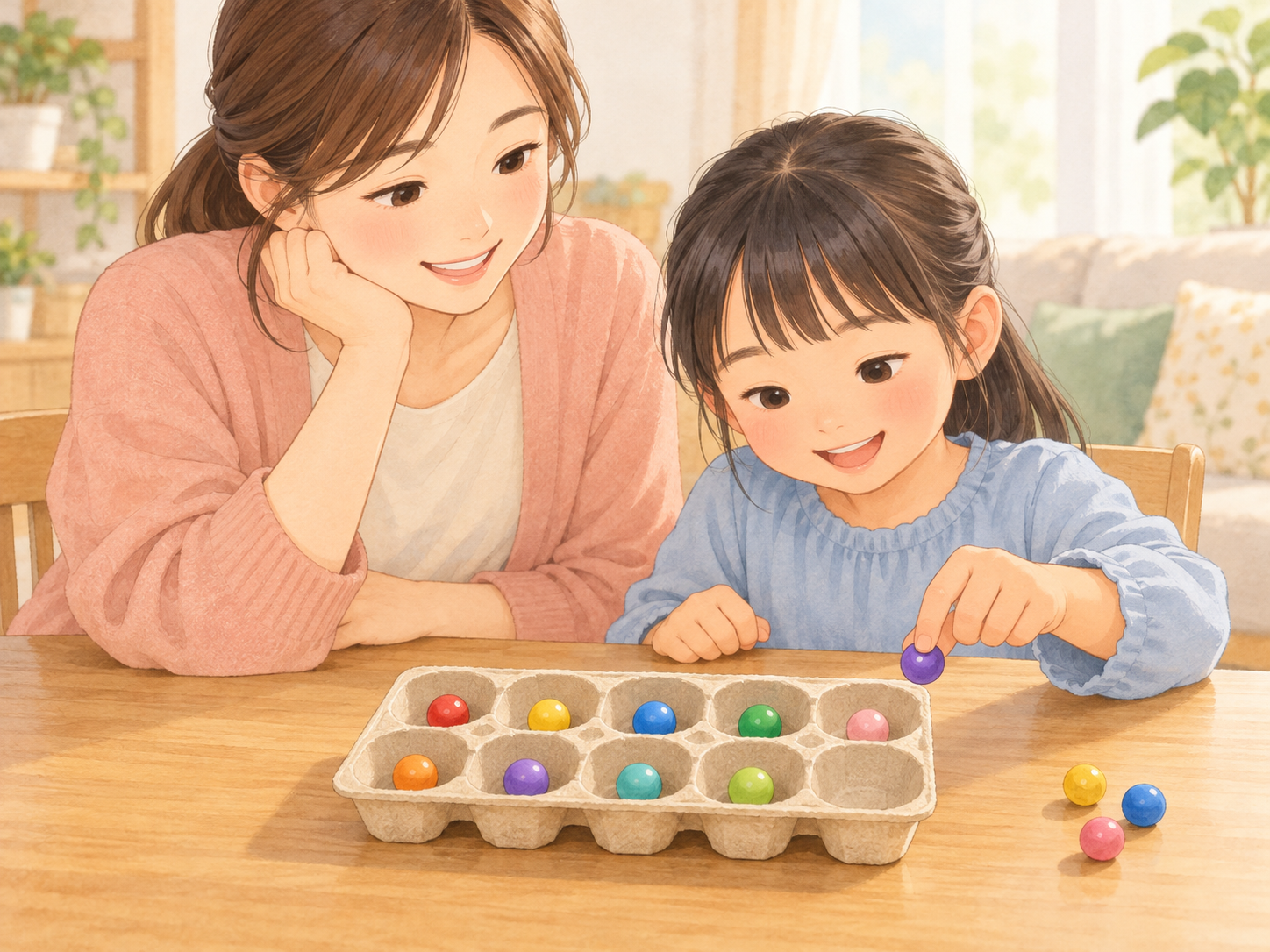 卵パックに丸いおはじきを入れながら、親子で「10のまとまり」を確かめているイラスト