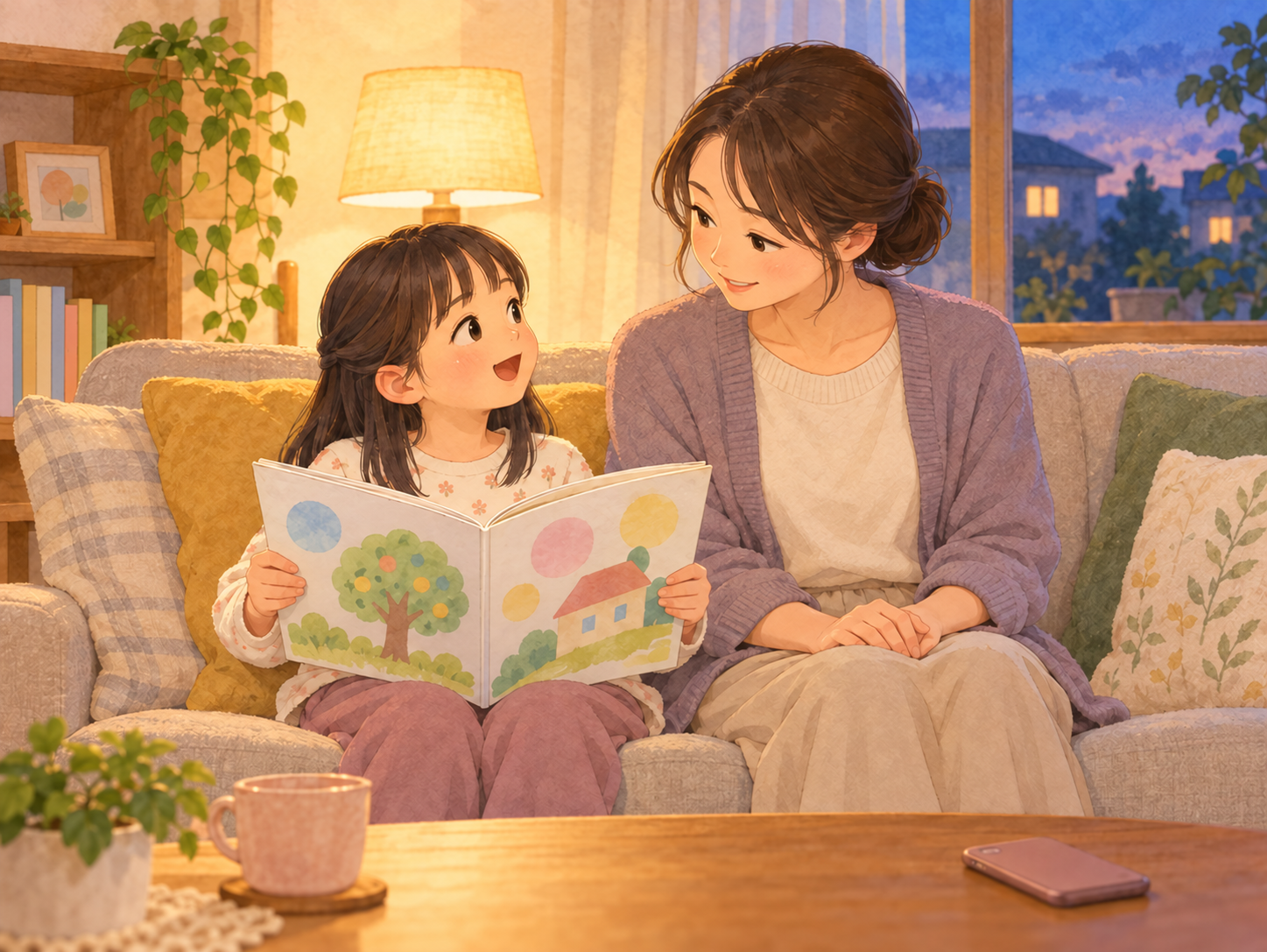 親子が向かい合い、子どもが絵本を声に出して読み、お母さんが手を止めて聞いているイラスト
